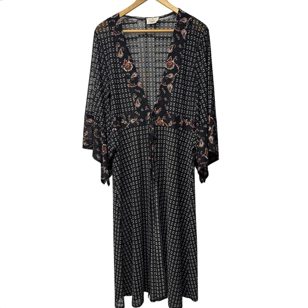 Ember Sheer Cover Up Kaftan Size Large Black Geo Print Robe Boho Festival Flowy